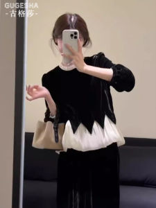 French Style Black Velvet Ruffle Sleeve Shirt Womens Autumn New Light Luxury Personality Trending Button up Long Sleeve round Neck