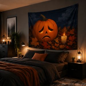 VIKAMA Halloween Jack-o-lantern Tapestry Autumn Maple Leaf Evil Pumpkin Wall Hanging for Bedroom Home Decor