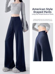 Dark Blue Slim-fit Yoga Pants Wide Leg High Waist Womens Fall Trendy