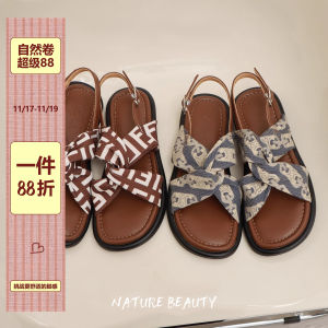 รองเท้าแตะส้นแบนแบบสวมหัวเปิดสำหรับผู้หญิง ทรงพื้นนุ่ม สไตล์ฤดูร้อน 2025 รองเท้าแตะแบบสวมหัวเปิดแบบหัวเข็มขัด ทรงหัวมน รองเท้าแตะส้นแบน