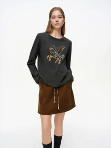 DUSHU | Graphic Graffiti Flying Horse Embroidered Long Sleeve T-shirt Loose Fit