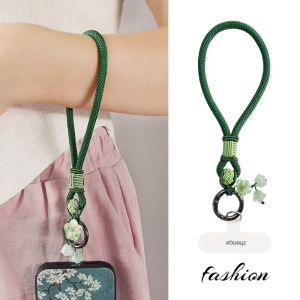 Short Outdoor Travel Phone Strap Womens Style Resin Flower Mobile Phone Lanyard Durable Nylon Woven Keychain Bracelet