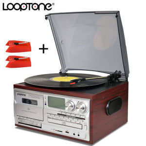 LoopTone All In One 3-Speed Vintage Turntable Bluetooth In & Out LP Vinyl Player CD Cassette Player AM FM Radio USB Recording AUX In RCA Line Out+2 Styluses