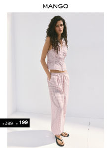 Mango | Bộ Áo Blouse Nữ Cổ Chữ V Không Tay Kẻ Ca-rô Nhăn Nếp Thu Đông