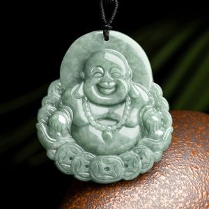 TIMESWIND with Certificate Natural Jade Green Coins Laughing Buddha Pendant Men Necklace Y1N