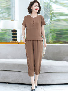 ชุดสองชิ้นคอตตอนลินินลำลองฤดูร้อนสำหรับคุณแม่ ชุดสองชิ้นแขนสั้นสีพื้น ชุดทำงานลำลองสำหรับผู้หญิงวัยกลางคนและผู้สูงอายุ