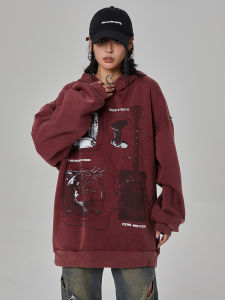 Noonoz Burgundy Retro Hoodie American Trendy Brand High Street Heavyweight National Style Oversize Couple Hoodie Cotton Polyester Blend Casual Sweatshirt