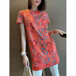 Orange Color Block Triangle Print Long T-Shirt Dress Womens Simple Fashion Straight Cut round Neck Short Sleeve Spring Autumn