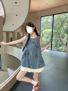 Summer Butterfly Knot Denim Vest and Skirt Two-Piece Set for Women Fashionable Crewneck Pullover Polyester Fiber