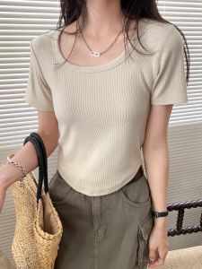 Áo Thun Cotton Cổ Chữ U Tay Ngắn Mùa Hè 2023 Cho Nữ Dáng Ôm Vừa Vặn Thiết Kế Vai Khoét Sâu Cổ Tròn