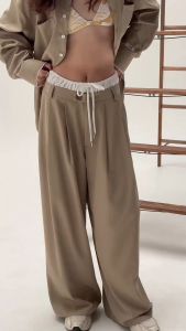 Ahalf - Stripe lace layered pants กางเกงขายาวลายทางดีเทลต่อขอบลูกไม้