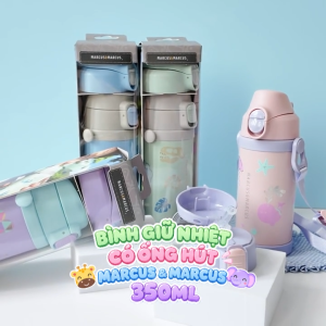 Bình Nước Giữ Nhiệt Có Ống Hút Và Vòi Uống Marcus & Marcus - Dung Tích 350ml  Họa Tiết Xanh Ô-Liu