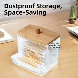 Transparent Plastic Dustproof Cotton Bud Storage Box with Bamboo Lid