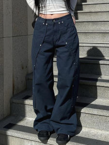Retro American Large Size Jeans Womens Loose Casual Wide Leg Pants High Waist Straight Cut Denim with Rivet Patchwork Design