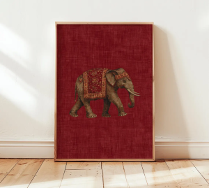 Indian Elephant Pattern Print Red Textile Wall Art Boho Tribal Decor Oriental Animal Poster Cultural Interior Design