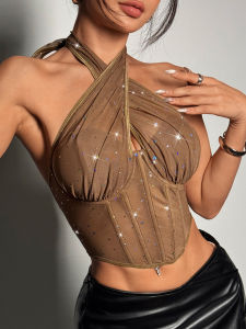 Sequined Mesh Tulle Top with Tie Neck Design And Patchwork Details Glittering Short Style Womens Fashion Streetwear