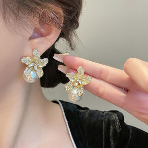 QrhYK Pháp thanh lịch zircon Hoa Ngọc Trai Mặt dây chuyền bông tai cho Womens cô gái thời trang ánh sáng sang trọng tai trang sức phụ kiện