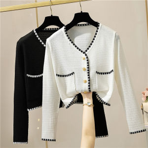 2023 Áo Len Dệt Kim Cổ Chữ V Nữ Đầu Thu Nhẹ Ice Silk Trắng Ngắn Tay Cardigan Dài Tay Áo Khoác Ngoài