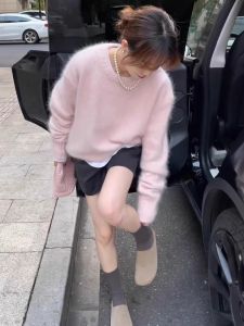Small Pink Mohair Lazy Loose Pullover Sweater Women Autumn and Winter High Sense Wear Knit Top