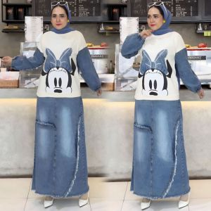 Set rok jeans kombinasi kaos lanicha terbaru Setelan Wanita lengan panjang kekinian