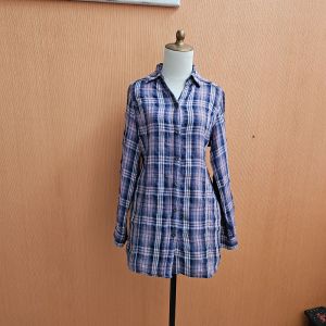 atasan kemeja wanita putih motif kotak biru L&B cewek L lengan panjang kerja kuliah bisa jadi tunik