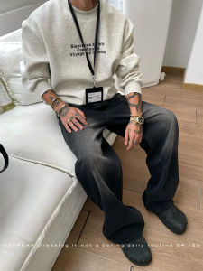 Black Straight Leg Mens Jeans Loose Wide Leg Pants American Retro Washed OX-FREAK Winter Fashion Cotton Polyester Blend