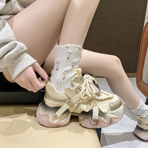 Womens Thick Bottom Dad Shoes Casual Leather Heightening Autumn Winter Fashion Sports Shoes Korean Style Cross Buckle Color Block