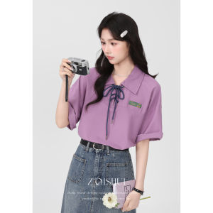 ZHANGQISHUI | Summer Preppy Style New Loose Strappy Design Womens Purple Polo Tshirt