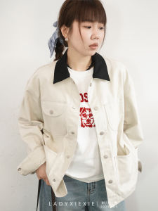 Retro Barn Style Relaxed Fit Denim Jacket Womens Loose Collar Stand up Patchwork Long Sleeve Cotton Spring Autumn Outerwear