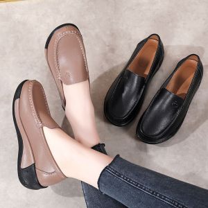 Giày đế thuyền nữ khâu tay bằng da 5cm miếng xốp mềm đế bánh giày thông thường 2023 bàn đạp Sản phẩm mới thoải mái Giày dành cho các bà mẹ có Giày nữ