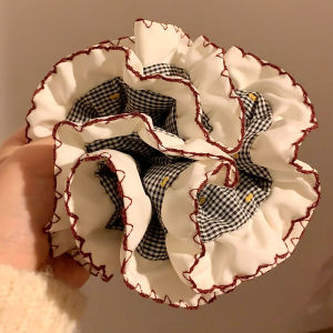 XINDONGXINGQIU | Korean Style Blue Lace Double Layered Gingham Extra Large Hair Scrunchie