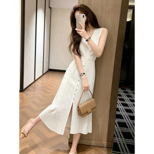 Homecore | French Style White Slimming Lace Hollow Sleeveless Dress