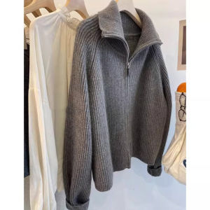 Gray Half Zipper Turtleneck Sweater Bottoming Shirt Womens Inner Wear Autumn and Winter Thickened Outer Wear Knitting Cardigan Outerwear Top