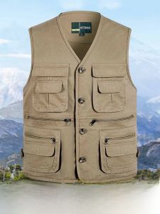 SHIPAILUO | Pure Cotton Fishing Vest Mens Casual Multi-Pocket Workwear Outdoor Leisure Jacket Dads Vest Spring Summer V-Neck Single Button
