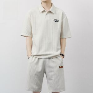 ROMON | ชุดกีฬาลำลองชายฤดูร้อน โปโลคอตั้งแขนสั้น ชุดกีฬาลำลองสองชิ้น ผ้าโพลีเอสเตอร์ 95% ผ้ายืดอะซิเตท 5%