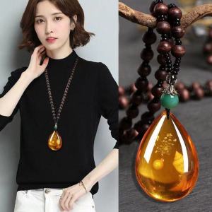 Long Amber Honey Wax Necklace Wooden Beads Womens New Chinese Style Jewelry Sweater Chain Pendant Accessories Elegant Fashion