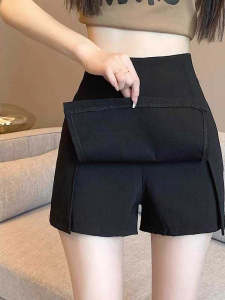 Black High Waist A-Line Mini Skirt Womens Suit Short Skirt Slimming Small Size Anti-Light Slit Half Body Skirt Pants