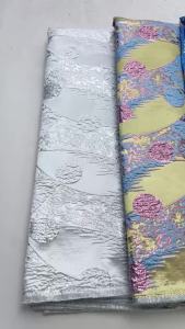 African Brocade Jacquard Lace Fabric 5Yards - Cream with Pink & Blue Abstract Pattern For Traditional Attire & Formal Gowns