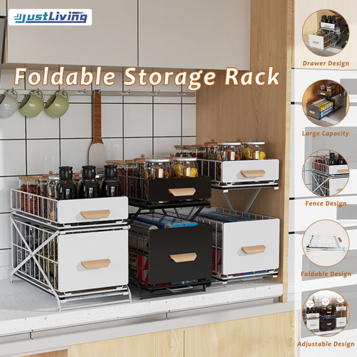 JustLiving 2-Tier Sliding Cabinet Basket Kitchen Cabinet Storage Rack ...