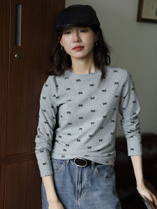 High Quality Womens T-shirt Butterfly Knot Print round Neck Long Sleeve Vintage Base Shirt Trendy Top Cotton Rayon Spandex Blend