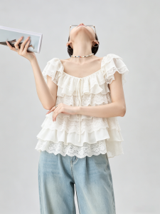 GULILI | White Lace Tie Ruffle Cap Sleeve Charming Blouse