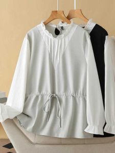 Áo Sơ Mi Nữ Cỡ Lớn Có Thắt Lưng Eo Cổ Ren Áo Dài Tay Dáng Rộng Mùa Thu Chất Liệu Polyester Kiểu Dáng Hàn Quốc