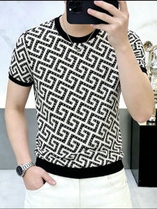 Kawadu | Summer New Arrival Mens Ice Silk Short Sleeve T-Shirt Round Neck Slim Fit Jacquard