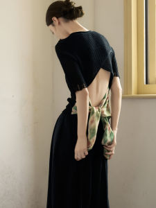 ONMOON Black Knitted T-Shirt Womens Color Block Design Belt Waist Five Sleeve Hollow out Top Casual Summer Fashion 2025