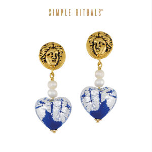 SimpleRituals Deep Sea Meditation Blue Handmade Murano Glass Heart Pearl Stud Earrings Fashionable Jewelry for Women