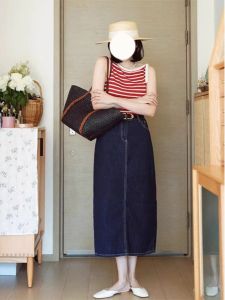 กระโปรงยีนส์ทรงเอเอวสูง 2022 ฤดูใบไม้ร่วง กระโปรงยาวปานกลาง สีน้ำเงินเข้ม ทรงตรง ชุดสองชิ้น กระโปรงยีนส์ทรงเอสำหรับผู้หญิง