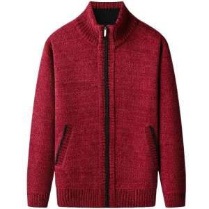 HENGYUANXIANG | Warm Thickened Fleece Mens Knitted Sweater Coat Stand Collar Red Cardigan Casual Loose Fit Long Sleeve Polyester Fiber