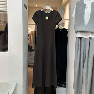 ชุดเดรสยาวคอเหลี่ยมสไตล์ฝรั่งเศสสง่างาม ทรงเข้ารูป แขนสั้น ผ้าฝ้ายผสม ฤดูร้อน กระโปรงยาวคลุมเข่า แฟชั่นผู้หญิง