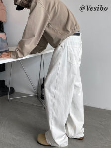 VESIBO | Mens White Drape Wide Leg Pants Casual Straight Trousers Cleanfit