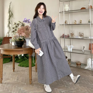 Slimming Long Polo Collar Plaid Dress Womens Loose Fit Autumn Spring A-Line Skirt Style Korean Fashion Casual Dress